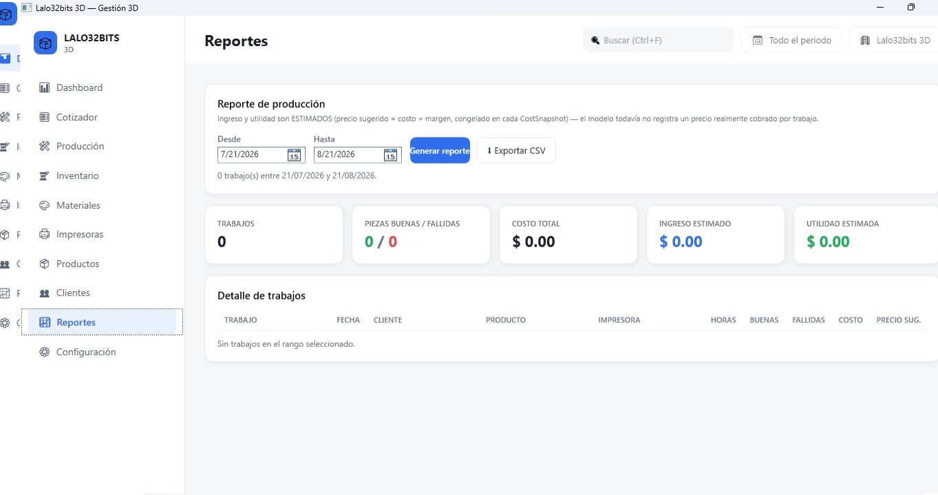 Dashboard de Lalo32bits 3D con el resumen de costos y producción